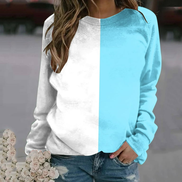 Fall Sweatshirts for Women Casual Colorblock Round Neck Long Sleeve Pullover Shirts Lightweight Fashion Loose Fit Lounge Outwear Tops