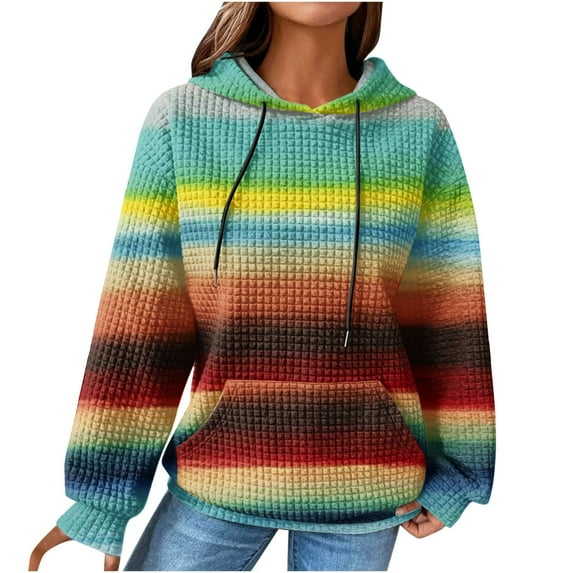 Fall Sweatshirts for Women Colorful Casual Long Sleeve Lightweight Cable Knit Oversized Hoodie Drawstring Pullover Tops,Waffle Hoodie Women