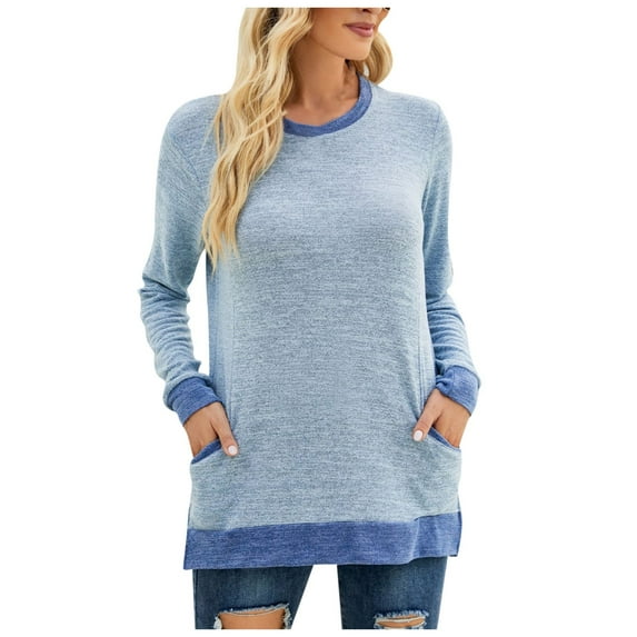 Fall Sweatshirts for Women Crew Neck Long Sleeve Sweaters Comfy Tunic Tops Pullovers Color Block Elegant Pockets Blouse