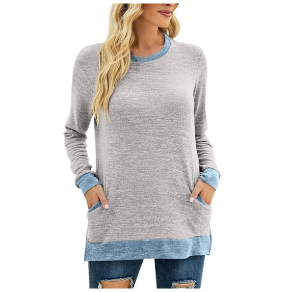Fall Sweatshirts for Women Crew Neck Long Sleeve Sweaters Comfy Tunic Tops Pullovers Color Block Elegant Pockets Blouse