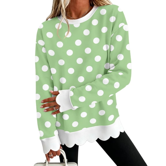 Fall Sweatshirts for Women Crewneck Long Sleeve Funny Printed Shirts Casual Polka Dot Pullover Sweatshirts Scalloped Trendy Fall Clothes