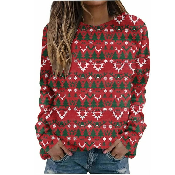 Fall Sweatshirts for Women Graphic Long Sleeve Christmas Shirts Casual Loose Crewneck Pullover Tops Trendy (Red L)