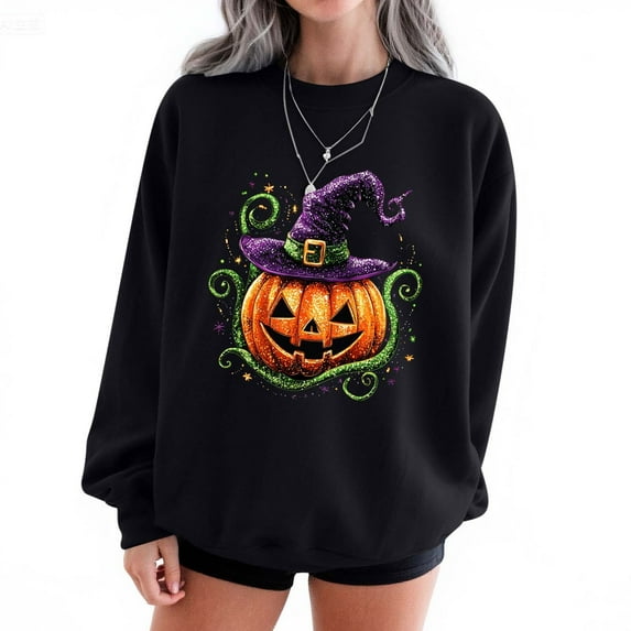 Fall Sweatshirts for Women Halloween Sweatshirts Printed Round Neck Long Sleeved Sweatshirts Black XS