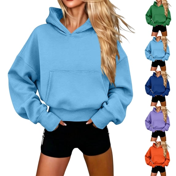 Fall Sweatshirts for Women Long Sleeve Hoodies Womens Loose Cropped Trendy Going-Out Sweatshirts with Pocket