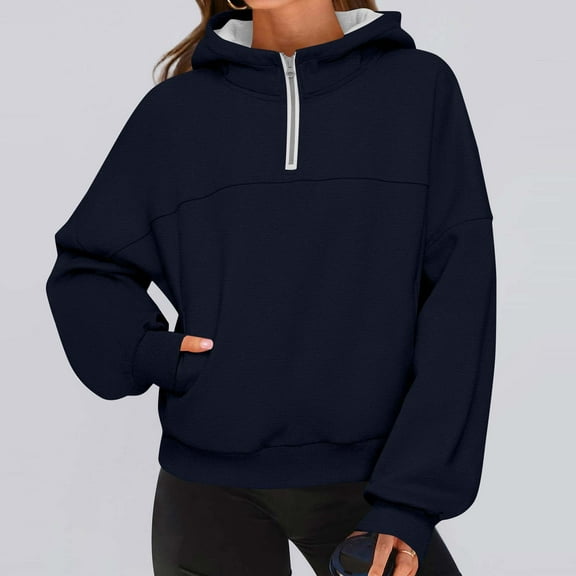 Fall Sweatshirts for Women Plus Size New Ladies Fashionable Half Zip Pocket Hooded Sweatshirt Style B-69 Navy S