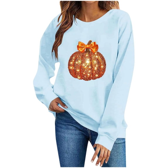 Fall Sweatshirts for Women Pumpkin Print Halloween/Thanksgiving Holiday Tops Crewneck Long Sleeve Pullover (M, Sky Blue|Pumpkin)