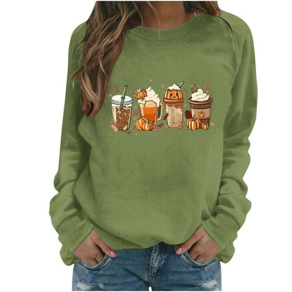 Fall Sweatshirts for Women Trendy Long Sleeve Baseball Printed Crewneck Graphic Pull Over Casual Loose Tops (XL, Green 01)