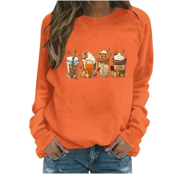 Fall Sweatshirts for Women Trendy Long Sleeve Baseball Printed Crewneck Graphic Pull Over Casual Loose Tops (XL, Orange 01)