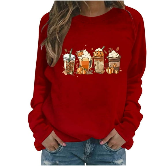 Fall Sweatshirts for Women Trendy Long Sleeve Baseball Printed Crewneck Graphic Pull Over Casual Loose Tops (XL, Red 01)