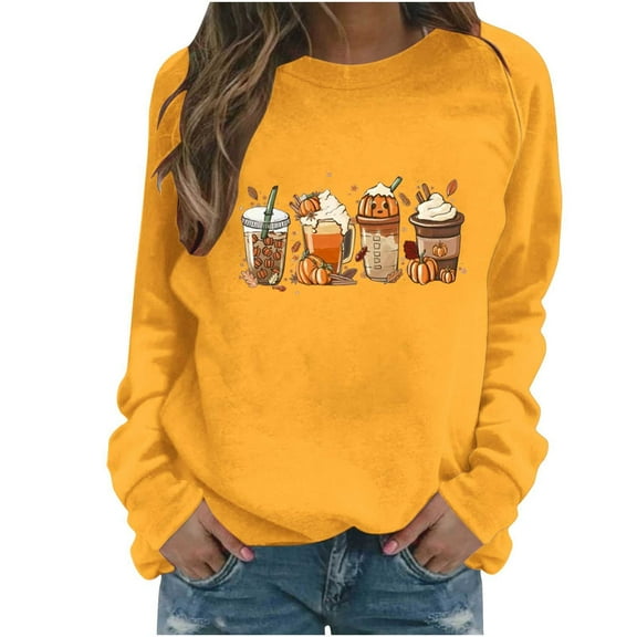 Fall Sweatshirts for Women Trendy Long Sleeve Baseball Printed Crewneck Graphic Pull Over Casual Loose Tops (XL, Yellow 01)