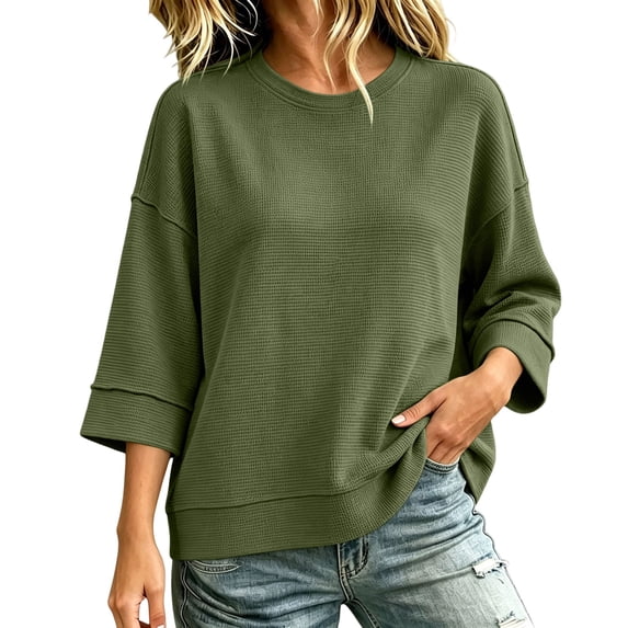 Fall Sweatshirts for Women Waffle Knit Casual Three Quarter Sleeve Crew Neck Pullover Top Solid Color Casual Loose Lounge Comfy Clothes