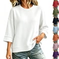thumbnail image 1 of Fall Sweatshirts for Women Waffle Knit Casual Three Quarter Sleeve Crew Neck Pullover Top Solid Color Casual Loose Lounge Comfy Clothes, 1 of 10