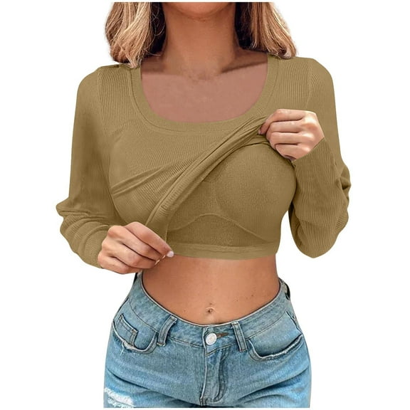 Fall Sweatshirts for Women, Women Built-in Bra T Shirt Top Short Sleeve Square Neck Basic Tees Casual Ribbed Knit Fitted Going Out Tops