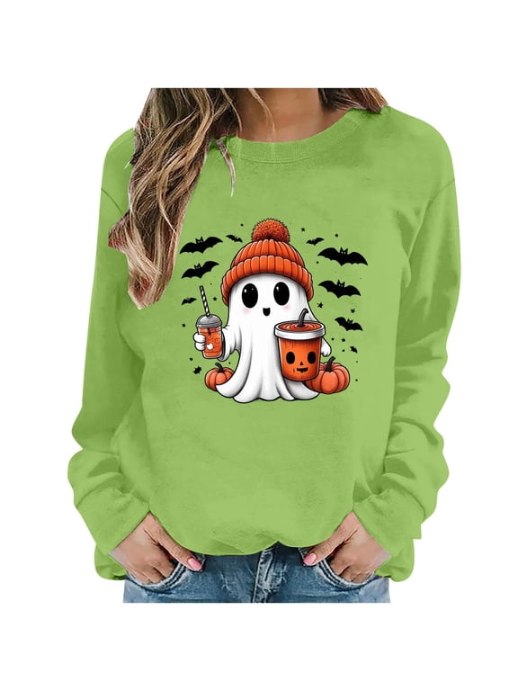 Fall Sweatshirts for Women Yotami Long Sleeve Pumpkin Ghost Halloween Print Loose Crew Neck Sweatshirt for Holiday Clothes (Green, L)