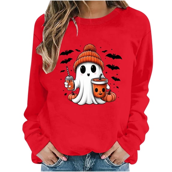 Fall Sweatshirts for Women Yotami Long Sleeve Pumpkin Ghost Halloween Print Loose Crew Neck Sweatshirt for Holiday Clothes (Red, XL)