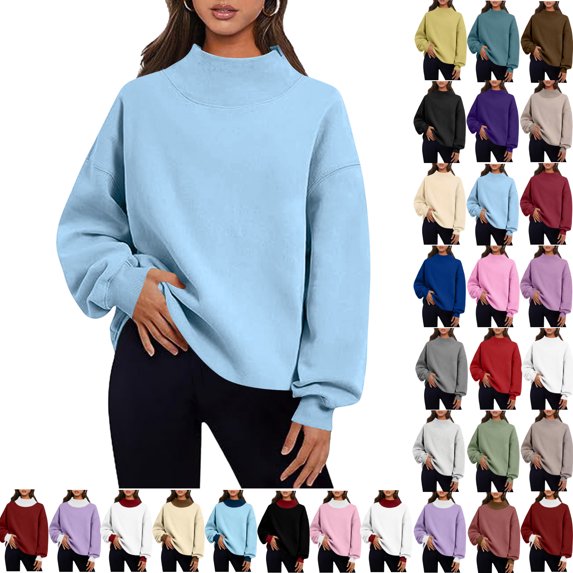 Fall Sweatshirts for Womens Pullover Fashion Oversize Casual Loose Turtleneck Long Sleeve Solid Color Blouse Sweatshirt Tops
