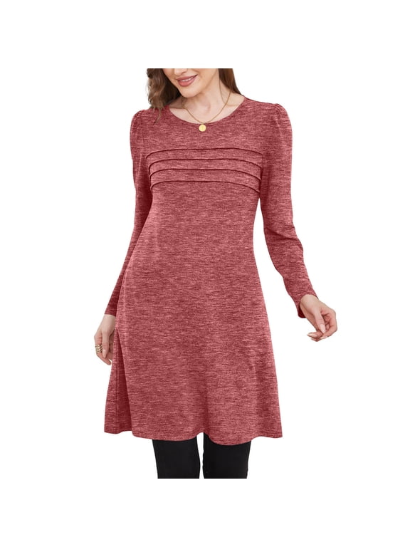 Fall T-Shirt Dresses For Women Midi Dress With Pockets Knee Length Tunic Dress Long Sleeve Pleated Crew Neck Wedding Party Dress