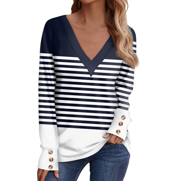 Fall T-Shirt for Women Ladies' Casual Long Sleeved V-neck Printed Decorative Button Top