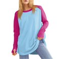 thumbnail image 1 of Fall T-Shirt for Women Women's Color Block Round Neck Loose Long Sleeve Medium Length Leaky Thumb T-shirt Top, 1 of 6