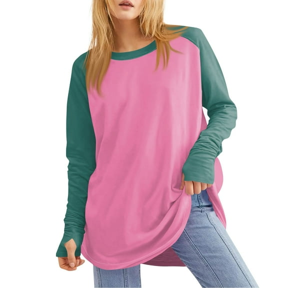 Fall T-Shirt for Women Women's Color Block Round Neck Loose Long Sleeve Medium Length Leaky Thumb T-shirt Top