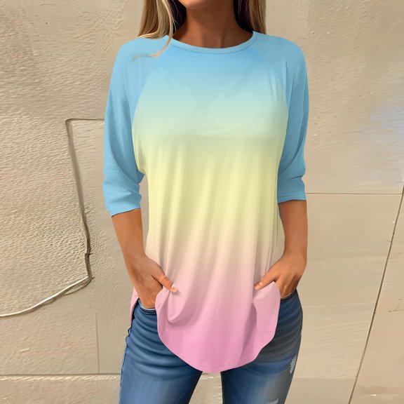 Fall T-Shirt for Women Women's Fashion Casual Going Out Tops Printed Raglan Sleeve 3/4 Sleeve Pullover Round Neck Tops
