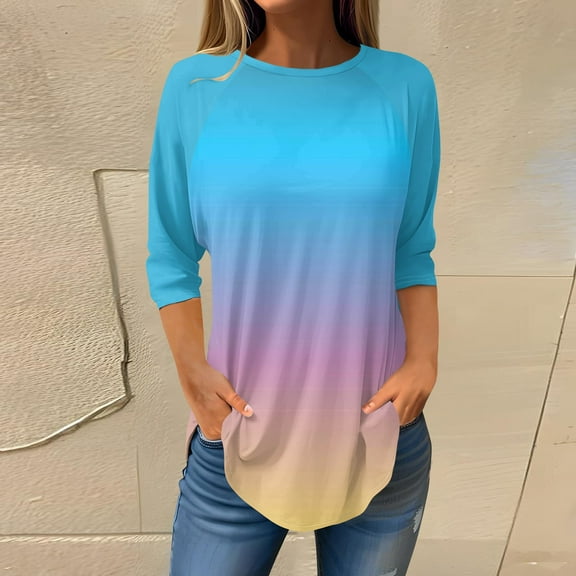 Fall T-Shirt for Women Women's Fashion Casual Going Out Tops Printed Raglan Sleeve 3/4 Sleeve Pullover Round Neck Tops