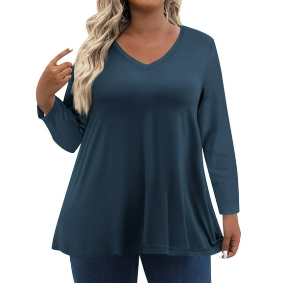 Fall T-Shirt for Women Womens Plus Size Tops Long Sleeve Shirts V Neck Casual Clothing Clothes Solid Color Tops