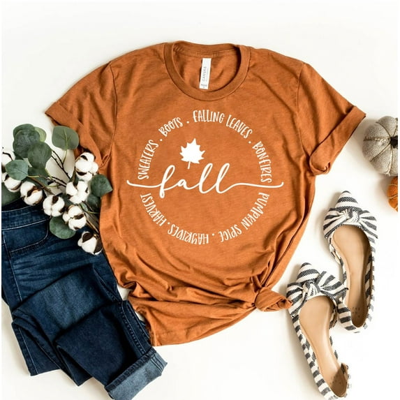 Fall T-shirt Sweater Boots Top Thanksgiving Gift Falling Leaves Tshirt Bonfires Shirt Women's Autumn Tee Pumpkin Spice Shirts