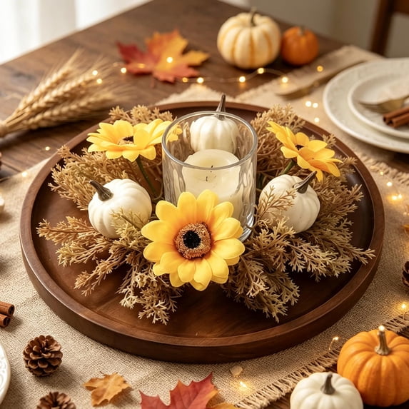 Fall Table Candle Rings,11" Artificial Maple Leaf Pumpkin Centerpiece Candleholder Wreath Thanksgiving Flower Harvest Farmhouse Decor