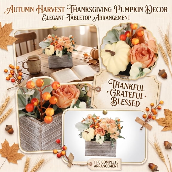 Fall Table Centerpiece, Artificial Fall Flowers and Pumpkin Berry Arrangement, Long-Lasting No-Maintenance Seasonal Display, for Home Dining Room Kitchen Harvest Event Decoration,