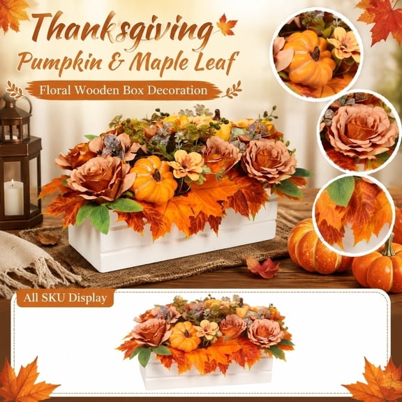 Fall Table Centerpiece, Farmhouse Fall Decor, Fall Floral Arrangement, Artificial Fall Flowers, 14X8X9 in Autumn Maple Leaf and Pumpkin Simulated Floral Wood Box Centerpiece,