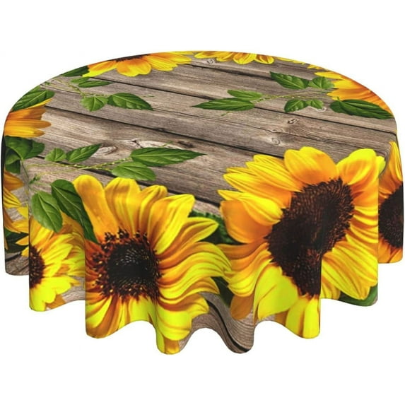 Fall Table Cloth Round 60 Inch Autumn Sunflower Tablecloth for Round Tables On Rustic Wood Grain Tablecloth Waterproof Washable Round Table Cover Protector for Dining Room Kitchen Outdoor Intdoor