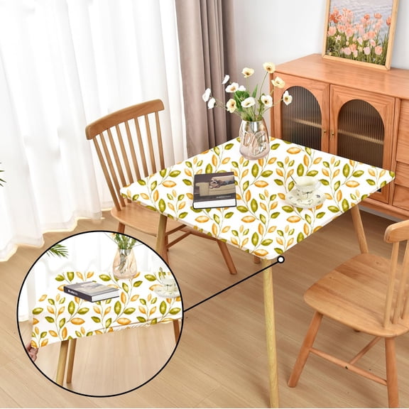 Fall Table Cloth Square Fitted Tablecloth with Elastic Edge: Stretchy Washable Fabric Cloth Coffee Table Protector Green and Gold Leaf 34x34 Inch