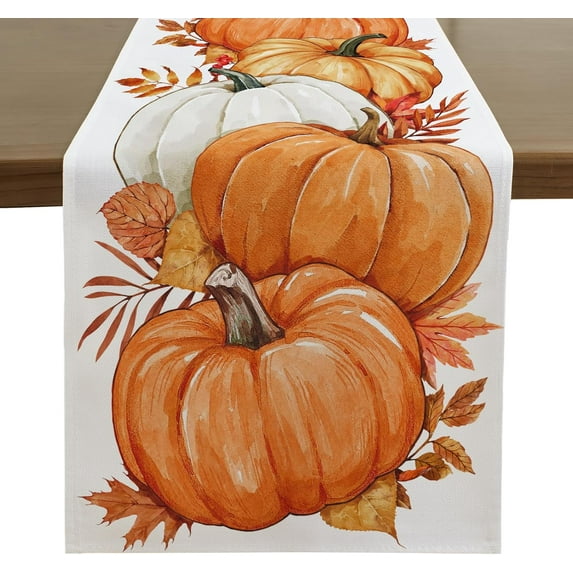 Fall Table Runner - 13 X 108 Inch - Orange Pumpkin Leaves Thanksgiving Autumn Kitchen Dining Table Decor, Farmhouse Style Home Decoration for Dining, Party, Holiday