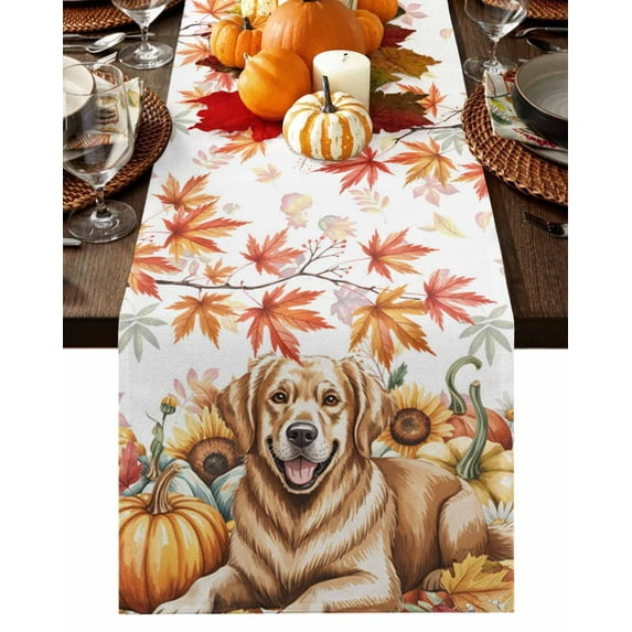 Fall Table Runner 13x36 Inch Fall Cute Dog Maple Leaf Pumpkin Sunflower Thanksgiving Table Runners Dresser Scarves Holiday Kitchen Dining Table Decoration for Home Party Indoor