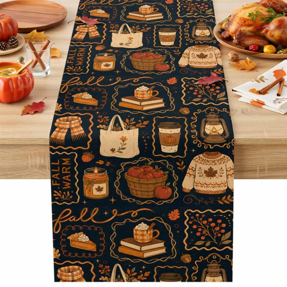 Fall Table Runner 13x36 Inch Knit Sweater Coffee Mug Tote Bag Autumn Rustic Cotton Linen Dining Table Runner Ideal for Dresser Kitchen Coffee Tables - Machine Washable