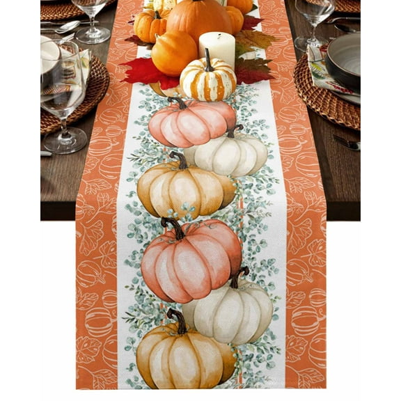 Fall Table Runner 13x36 Inch Thanksgiving Fall Farmhouse Pumpkin Eucalyptus Leaf Table Runners Dresser Scarves Holiday Kitchen Dining Table Decoration for Home Party Indoor