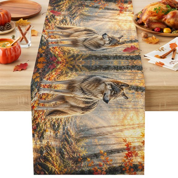Fall Table Runner 13x36 Inch Timber Wolf Orange Maple Leaves Forest Creek Sunbeam Rustic Cotton Linen Dining Table Runner Ideal for Dresser Kitchen Coffee Tables - Machine Washable