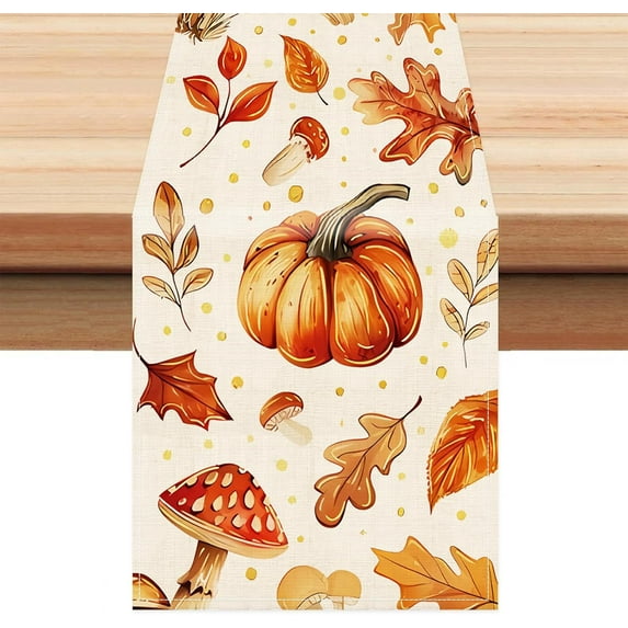 Fall Table Runner 13x48 Inch Long Linen White Pumpkin Maple Leaf Decorations Autumn Thanksgiving Farmhouse Centerpiece Seasonal Harvest Table Mats Kitchen Dining Room Indoor Outdoor Home Party Supply