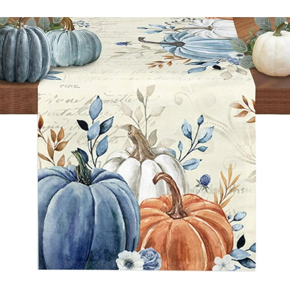 Fall Table Runner 13x48 Inches Long Blue Pumpkin Table Runners Floral Leaves Cotton Linen Autumn Harvest Dresser Scarf Kitchen Dining Table Decor for Thanksgiving Holiday Party Coffee Indoor Outdoor