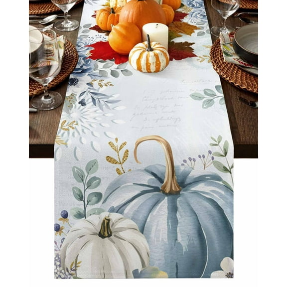 Fall Table Runner 13x60 Inch Fall Pumpkins Blue White Autumn Harvest Leaves Rustic Blue Table Runners Dresser Scarves Holiday Kitchen Dining Table Decoration for Home Party Indoor