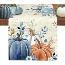 Fall Table Runner 13x70 Inches Long Blue Pumpkin Table Runners Floral Leaves Cotton Linen Autumn Harvest Dresser Scarf Kitchen Dining Table Decor for Thanksgiving Holiday Party Coffee Indoor Outdoor