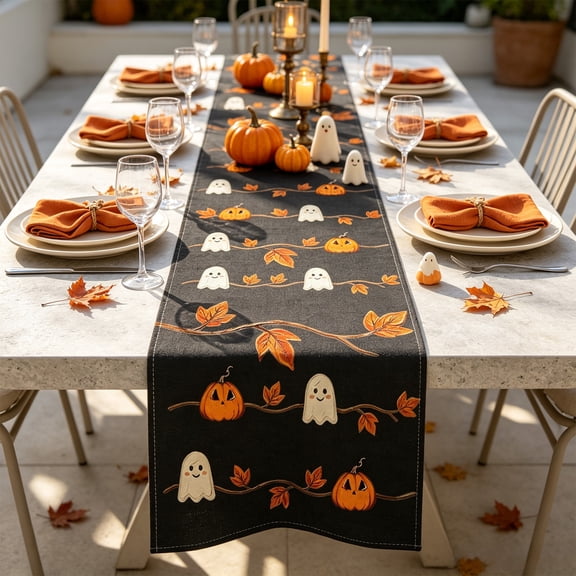 Fall Table Runner 13x72 Inch Home Party Decor, Maple Leaf Ghost Pumpkin Autumn Harvest Seasonal Table Runner for Farmhouse Indoor Home Party Halloween Decor