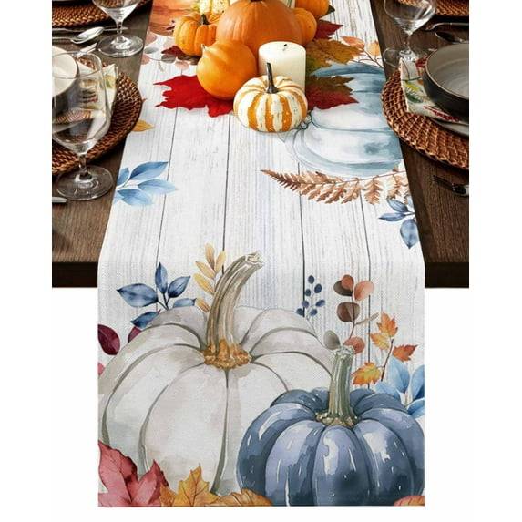 Fall Table Runner 13x72 Inch Thanksgiving Fall Yellow Blue Pumpkin Eucalyptus Leaf Table Runners Dresser Scarves Holiday Kitchen Dining Table Decoration for Home Party Indoor