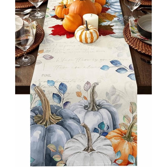 Fall Table Runner 13x72 Inches Long Thanksgiving Blue Pumpkin Runner for Table Teal Eucalyptus Leaves Table Runners Cotton Linen Dresser Scarf for Kitchen Coffee Dining Autumn Holiday Party Decor