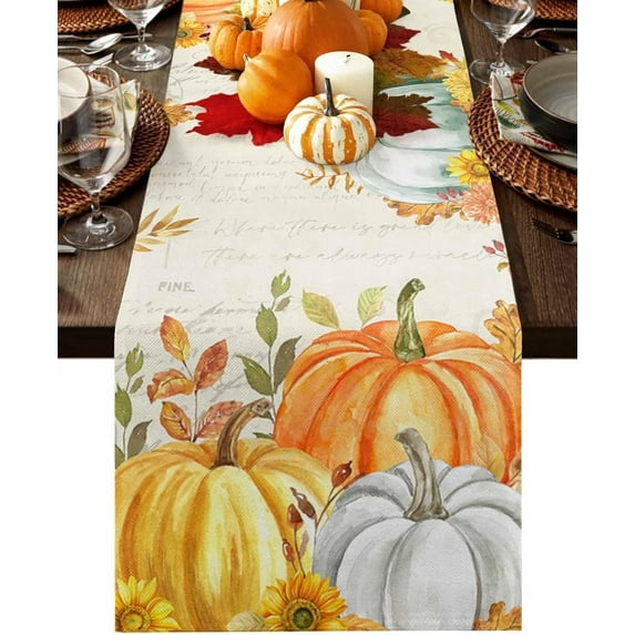 Fall Table Runner 13x72 Inches Long Thanksgiving Orange Pumpkin Runner for Table Sunflower Autumn Maple Leaves Table Runners Cotton Linen Dresser Scarf for Kitchen Coffee Dining Holiday Party Decor