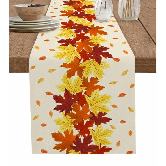 Fall Table Runner 48 Inches, Gold Red Maple Leaf Thanksgiving Autumn Farmhouse Bed Runner Dresser Scarves Tabletop for Indoor Outdoor Parties/Ceremony/Banquet, 13" x 48"