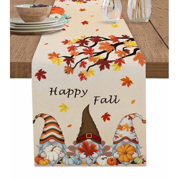Fall Table Runner 72 Inches, Orange Pumpkins Thanksgiving Gnomes Autumn Maple Leaf Bed Runner Dresser Scarves Tabletop for Indoor Outdoor Parties/Ceremony/Banquet, 16" x 72"