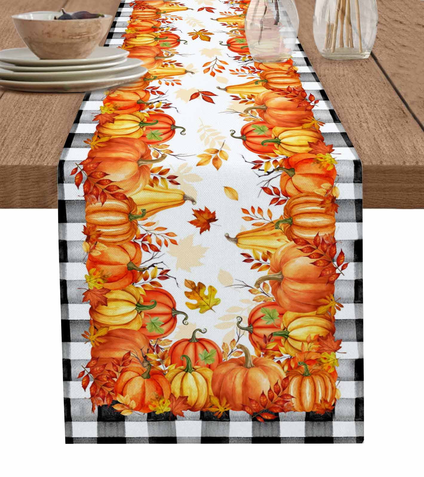 Fall Table Runner 72 Inches, Orange Pumpkins Thanksgiving Maple Leaf ...