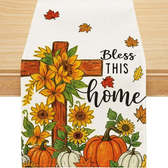 Fall Table Runner, Cross Pumpkins Runner for Table Bless This Home Seasonal Autumn Indoor Outdoot Party Decorations 13x36 Inch
